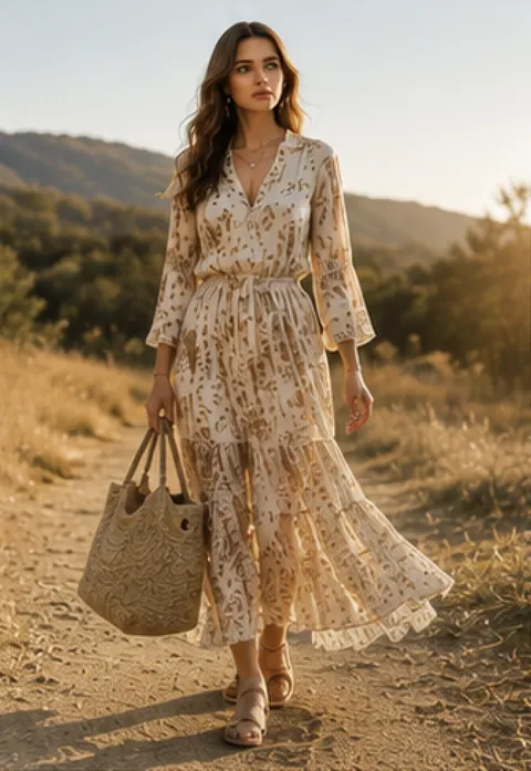 Look bohemio con vestido largo estampado