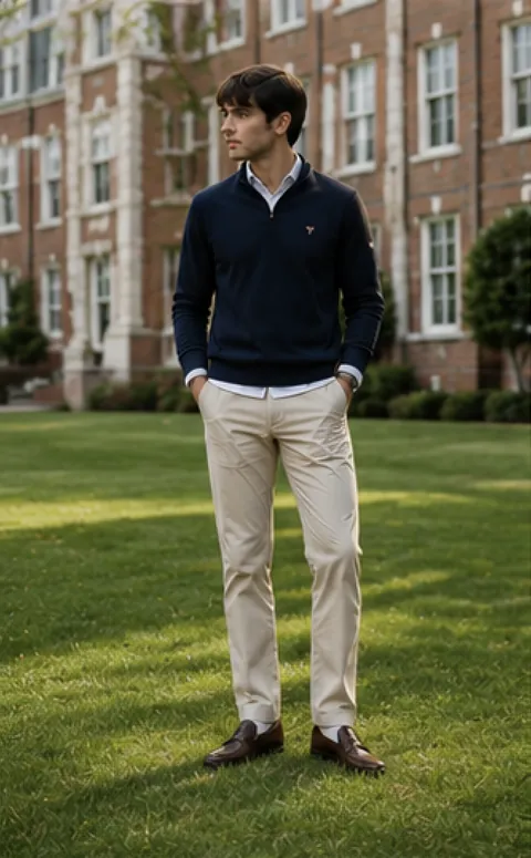 Look preppy con jersey azul marino y chinos
