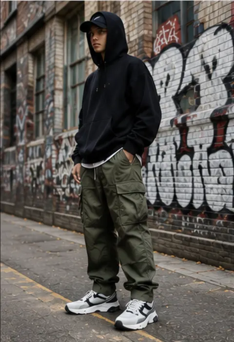 Look streetwear con sudadera y cargo